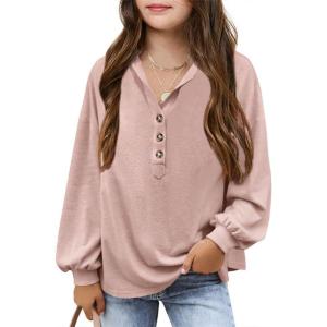 imageImily Bela Girls Button Up Hoodies Casual V Neck Long Sleeve Pullover Sweatshirts Tunic TopsPink