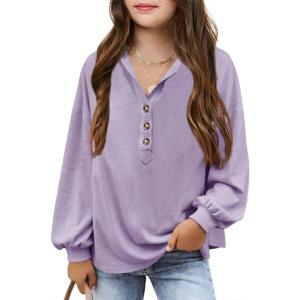 imageImily Bela Girls Button Up Hoodies Casual V Neck Long Sleeve Pullover Sweatshirts Tunic TopsPurple