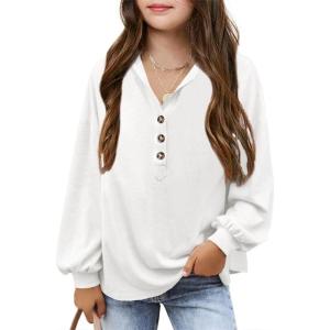 imageImily Bela Girls Button Up Hoodies Casual V Neck Long Sleeve Pullover Sweatshirts Tunic TopsWhite