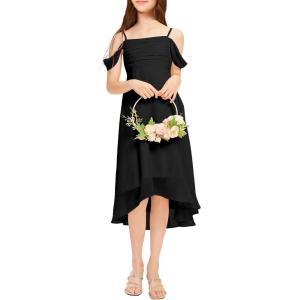 imageImily Bela Girls Cold Shoulder Junior Bridesmaid Dresses Asymmetrical Chiffon Wedding Party Gown DressBlack