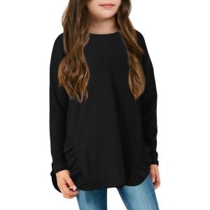 imageImily Bela Girls Ribbed Long Sleeve Shirts Cute Round Neck Knit Top Ruffle T Shirt with Side SlitBlack