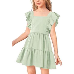 imageImily Bela Girls Square Neck Summer Dress Ruffle Sleeve Aline Swing Casual Party Mini Dresses 514 YearsGreen