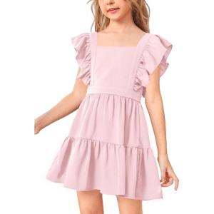 imageImily Bela Girls Square Neck Summer Dress Ruffle Sleeve Aline Swing Casual Party Mini Dresses 514 YearsPink