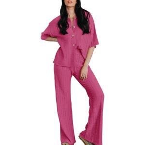 imageImily Bela Womens 2 Piece Outfits Hollow Out Knit Half Sleeve Cardigan Wide Leg Pants Lounge Matching Sweater Sets