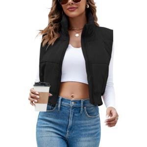 imageImily Bela Womens Cropped Puffer Vest Stand Collar Sleeveless Zip Up Padded GiletBlack