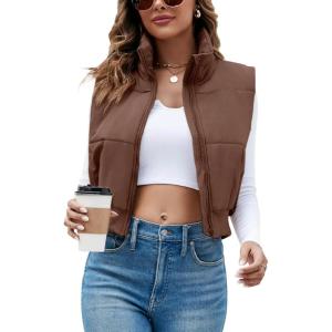 imageImily Bela Womens Cropped Puffer Vest Stand Collar Sleeveless Zip Up Padded GiletCoffee