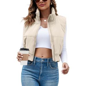imageImily Bela Womens Cropped Puffer Vest Stand Collar Sleeveless Zip Up Padded GiletCreamywhite