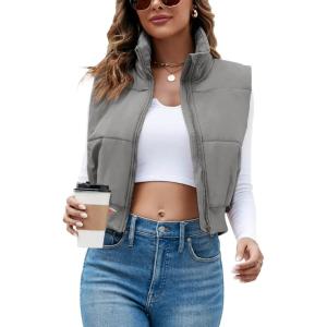 imageImily Bela Womens Cropped Puffer Vest Stand Collar Sleeveless Zip Up Padded GiletGrey