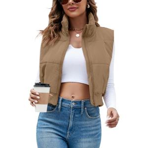 imageImily Bela Womens Cropped Puffer Vest Stand Collar Sleeveless Zip Up Padded GiletKhaki
