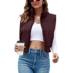 imageImily Bela Womens Cropped Puffer Vest Stand Collar Sleeveless Zip Up Padded GiletRedbrown