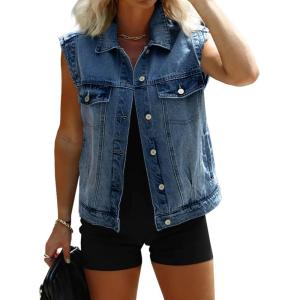 imageImily Bela Womens Denim Vest Classic Button Down Sleeveless Jean Jackets Cropped Distressed VestBlue