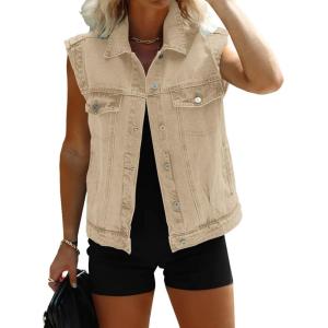 imageImily Bela Womens Denim Vest Classic Button Down Sleeveless Jean Jackets Cropped Distressed VestKhaki