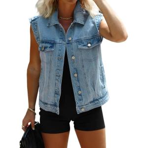 imageImily Bela Womens Denim Vest Classic Button Down Sleeveless Jean Jackets Cropped Distressed VestLight Blue