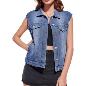imageImily Bela Womens Denim Vest Classic Button Down Sleeveless Jean Jackets Cropped Distressed VestNavy