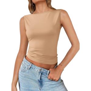 imageImily Bela Womens Going Out Casual Tank Tops 2025 Trendy Summer Basic Sleeveless Backless T Shirts Cute Slim Fit Y2K TeeKhaki