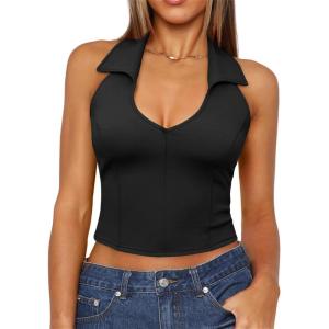 imageImily Bela Womens Halter Backless Crop Tops Y2k Going Out Deep V Neck Sexy Tank Top Slim Fit Sleeveless TopsBlack
