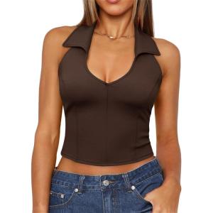 imageImily Bela Womens Halter Backless Crop Tops Y2k Going Out Deep V Neck Sexy Tank Top Slim Fit Sleeveless TopsDark Brown