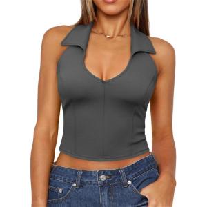imageImily Bela Womens Halter Backless Crop Tops Y2k Going Out Deep V Neck Sexy Tank Top Slim Fit Sleeveless TopsDark Grey