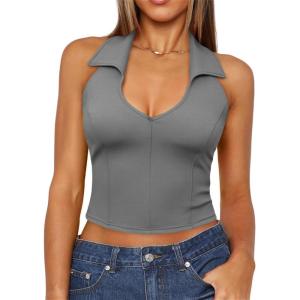 imageImily Bela Womens Halter Backless Crop Tops Y2k Going Out Deep V Neck Sexy Tank Top Slim Fit Sleeveless TopsLight Grey