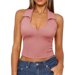 imageImily Bela Womens Halter Backless Crop Tops Y2k Going Out Deep V Neck Sexy Tank Top Slim Fit Sleeveless TopsPink