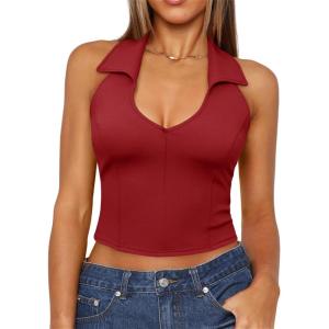 imageImily Bela Womens Halter Backless Crop Tops Y2k Going Out Deep V Neck Sexy Tank Top Slim Fit Sleeveless TopsWine Red