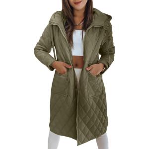 imageImily Bela Womens Long Quilted Puffer Jacket Lightweight Zip Up Hooded Drawstring Winter Coats Outerwear with PocketsArmy Green