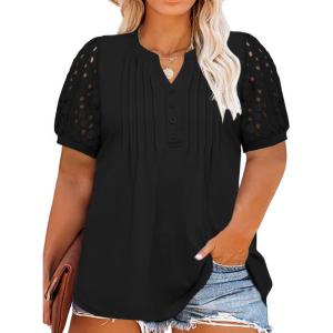imageImily Bela Womens Plus Size Henley T Shirt Summer Lace Sleeve Tees Casual Pleated Flowy Tunic TopsBlack