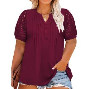 imageImily Bela Womens Plus Size Henley T Shirt Summer Lace Sleeve Tees Casual Pleated Flowy Tunic TopsBurgundy