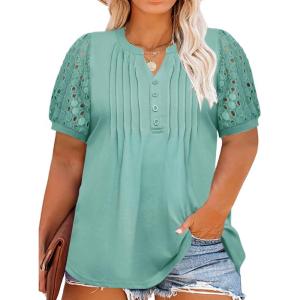 imageImily Bela Womens Plus Size Henley T Shirt Summer Lace Sleeve Tees Casual Pleated Flowy Tunic TopsGreen