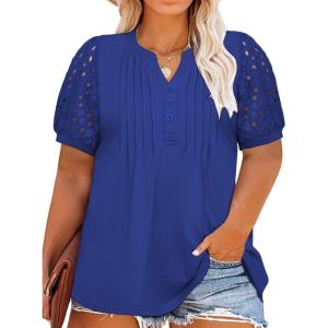 imageImily Bela Womens Plus Size Henley T Shirt Summer Lace Sleeve Tees Casual Pleated Flowy Tunic TopsNavy