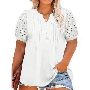 imageImily Bela Womens Plus Size Henley T Shirt Summer Lace Sleeve Tees Casual Pleated Flowy Tunic TopsWhite
