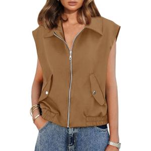 imageImily Bela Womens Sleeveless Jackets Zip Up Elastic Hem Lightweight Casual Summer Tops Anorak Outerwear VestsCoffee