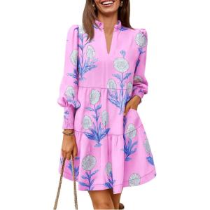 imageImily Bela Womens Fall Long Sleeve Tunic Dress Casual V Neck Loose Ruffle Tiered DressZ2pink