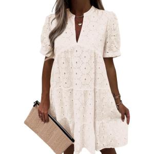 imageImily Bela Womens Summer Lace Dresses Eyelet Casual Flowy Babydoll Swing Short Sleeve V Neck Tunic DressBeige