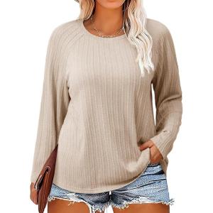imageImily Bela Womens Plus Size Tops Crewneck Long Sleeve Top Super Soft Shirts Oversized Basic Tees Loose TunicLight Khaki