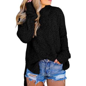 imageImily Bela Womens Fuzzy Knitted Sweater Sherpa Fleece Side Slit Full Sleeve Jumper OutwearsBlack