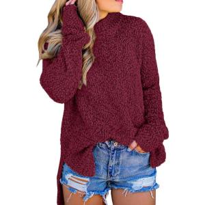 imageImily Bela Womens Fuzzy Knitted Sweater Sherpa Fleece Side Slit Full Sleeve Jumper OutwearsWine Red