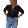 image:imageImily Bela Womens Button Down Shirts Summer Casual Short Sleeve Crew Neck Ribbed Knit Sweater Cardigans Blouse Tops Black Medium