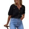 image:imageImily Bela Womens Button Down Shirts Summer Casual Short Sleeve Crew Neck Ribbed Knit Sweater Cardigans Blouse Tops Black Medium