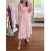 image:imageImily Bela Womens Summer Floral Boho Dress Tie Strap Square Neck Smocked Ruffle A Line Beach Long Maxi DressesLight Pink