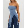image:imageWomens Strapless Tube Tops Summer Asymmetrical Long Ruched Mesh Shirts Cute Y2k Ruffle Hem Going Out Bandeau TopBlue Grey