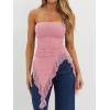 image:imageWomens Strapless Tube Tops Summer Asymmetrical Long Ruched Mesh Shirts Cute Y2k Ruffle Hem Going Out Bandeau TopPink