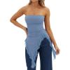 image:imageWomens Strapless Tube Tops Summer Asymmetrical Long Ruched Mesh Shirts Cute Y2k Ruffle Hem Going Out Bandeau TopBlue Grey