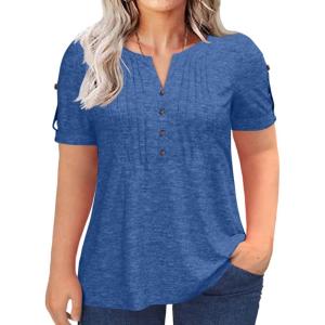 image:imageImily Bela Womens Plus Size Tops Pleated Button Short Sleeve V Neck Summer Casual Tee Shirts Navy