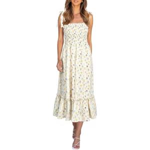 image:imageImily Bela Womens Summer Floral Boho Dress Tie Strap Square Neck Smocked Ruffle A Line Beach Long Maxi DressesBeige