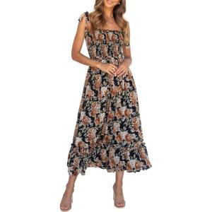 image:imageImily Bela Womens Summer Floral Boho Dress Tie Strap Square Neck Smocked Ruffle A Line Beach Long Maxi DressesBlack