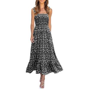 image:imageImily Bela Womens Summer Floral Boho Dress Tie Strap Square Neck Smocked Ruffle A Line Beach Long Maxi DressesLblack