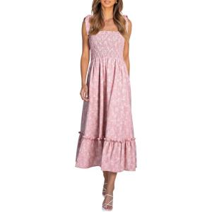 image:imageImily Bela Womens Summer Floral Boho Dress Tie Strap Square Neck Smocked Ruffle A Line Beach Long Maxi DressesLight Pink