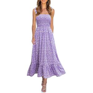 image:imageImily Bela Womens Summer Floral Boho Dress Tie Strap Square Neck Smocked Ruffle A Line Beach Long Maxi DressesZpurple