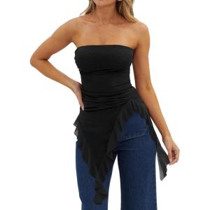 image:imageWomens Strapless Tube Tops Summer Asymmetrical Long Ruched Mesh Shirts Cute Y2k Ruffle Hem Going Out Bandeau TopBlack